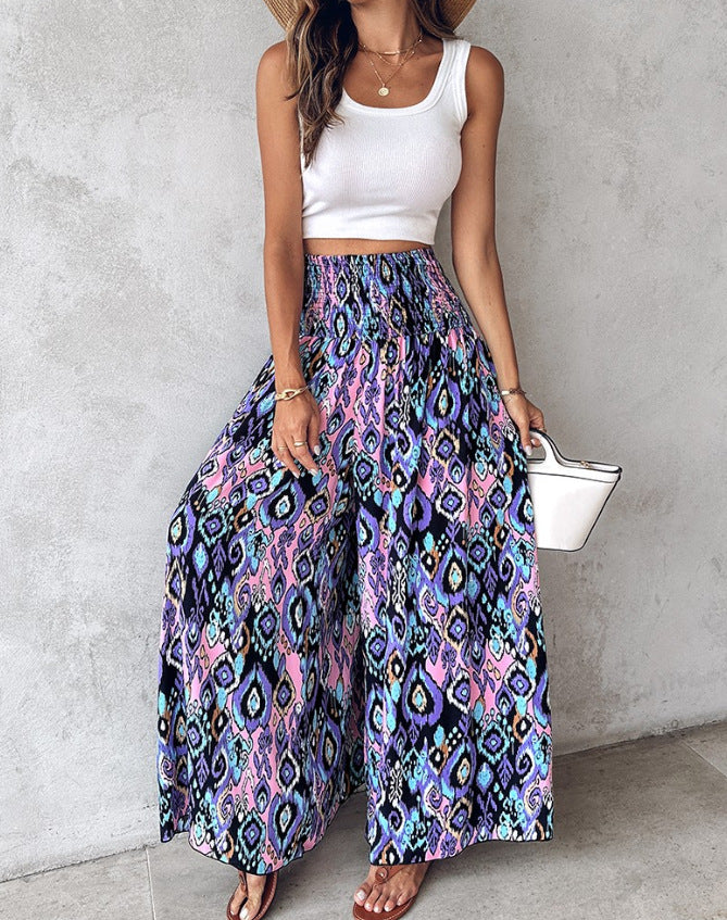 Floral Print High Waist Shirred Wide Leg Pants