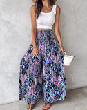Floral Print High Waist Shirred Wide Leg Pants
