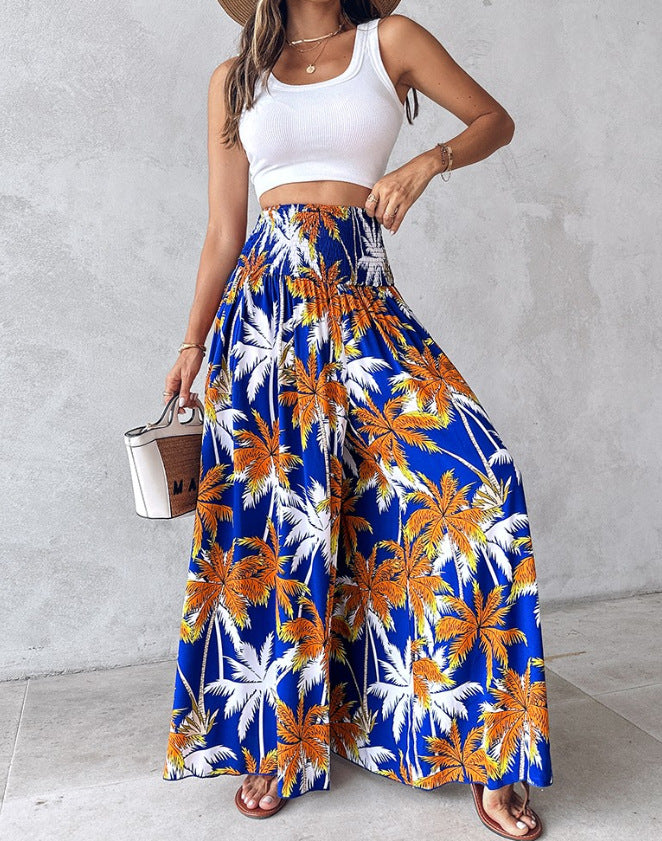 Floral Print High Waist Shirred Wide Leg Pants