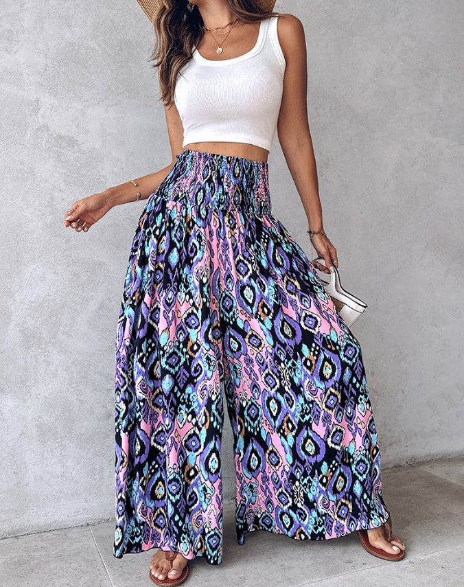 Floral Print High Waist Shirred Wide Leg Pants