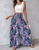 Floral Print High Waist Shirred Wide Leg Pants