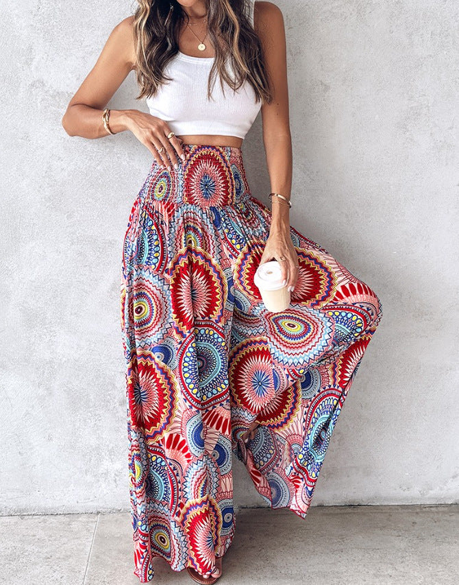 Floral Print High Waist Shirred Wide Leg Pants