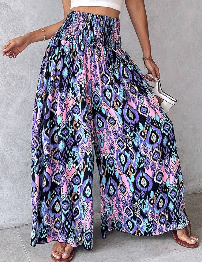 Floral Print High Waist Shirred Wide Leg Pants