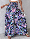 Floral Print High Waist Shirred Wide Leg Pants