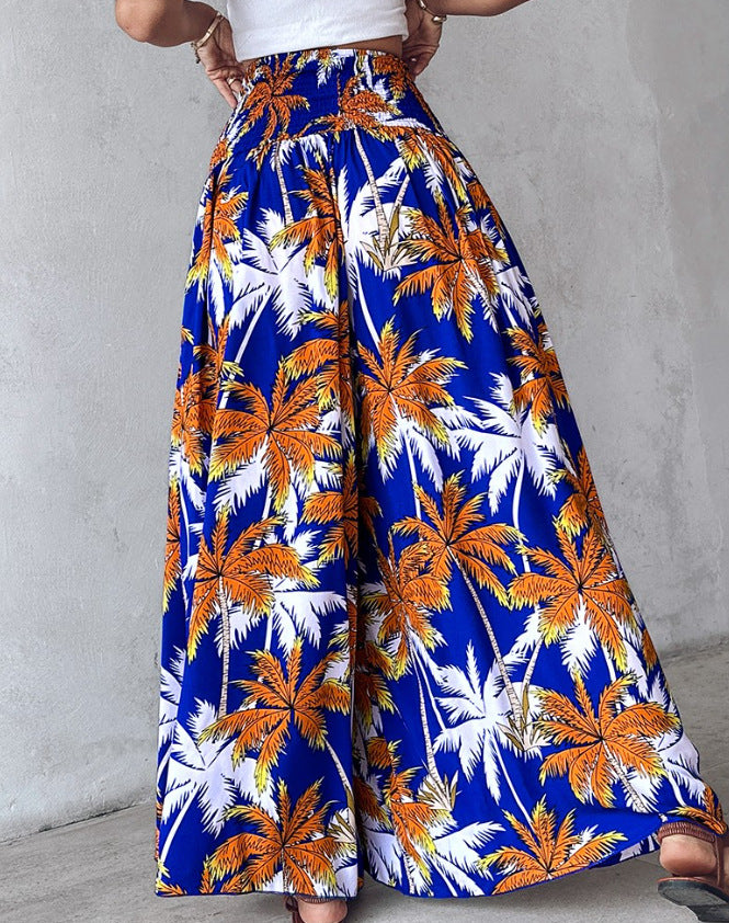 Floral Print High Waist Shirred Wide Leg Pants