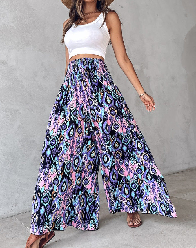 Floral Print High Waist Shirred Wide Leg Pants
