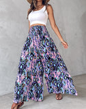 Floral Print High Waist Shirred Wide Leg Pants
