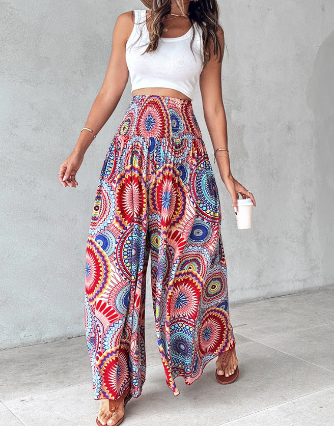 Floral Print High Waist Shirred Wide Leg Pants