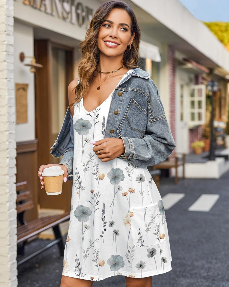 Women's Floral Sundress with Pockets - Summer Beach V-Neck Tank Dress