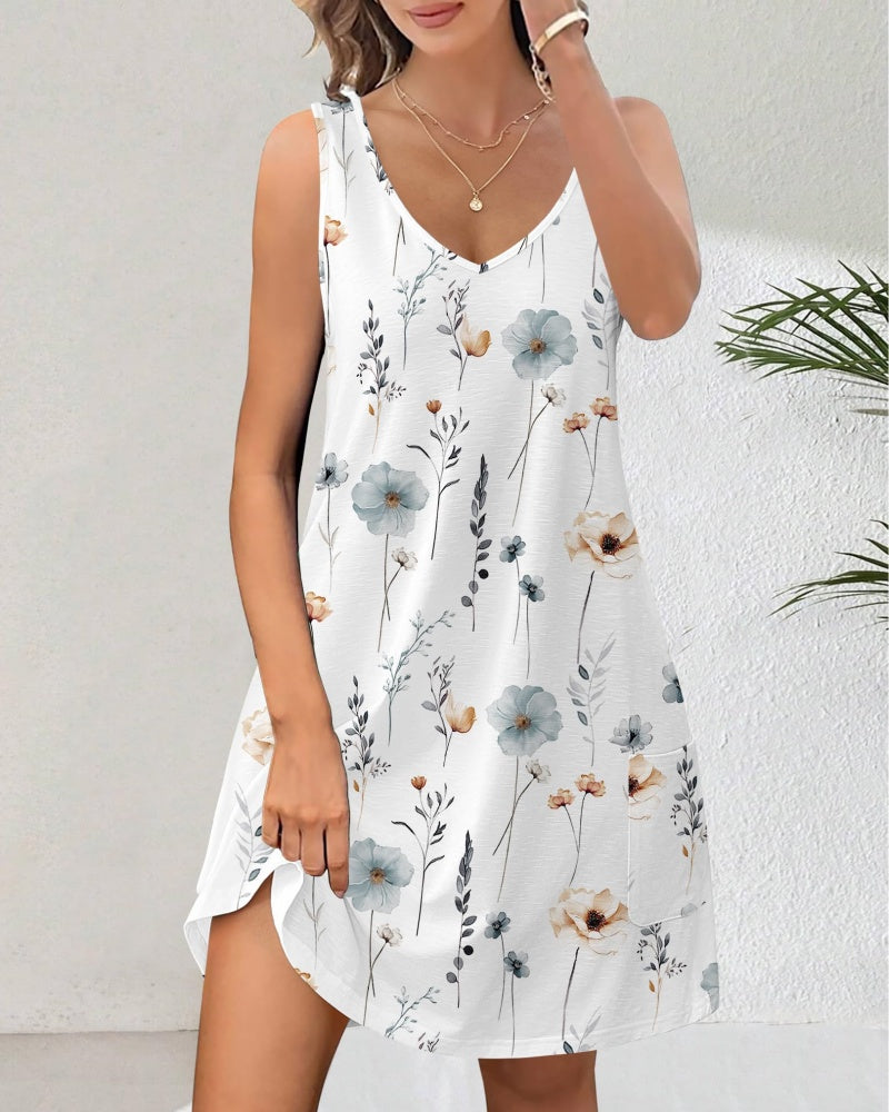 Women's Floral Sundress with Pockets - Summer Beach V-Neck Tank Dress