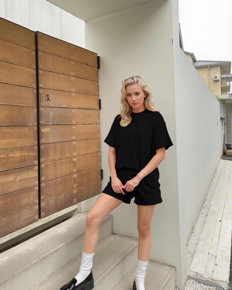 Women Summer Ribbed Knit Tracksuit Lounge Shorts Two Piece Set