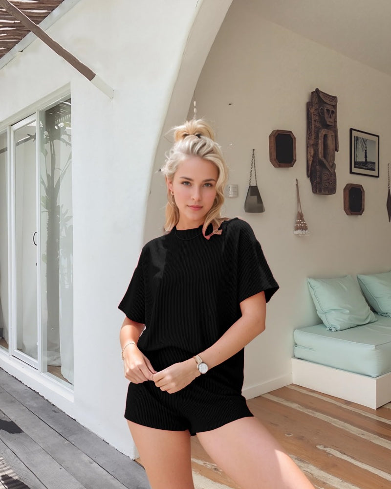Women Summer Ribbed Knit Tracksuit Lounge Shorts Two Piece Set