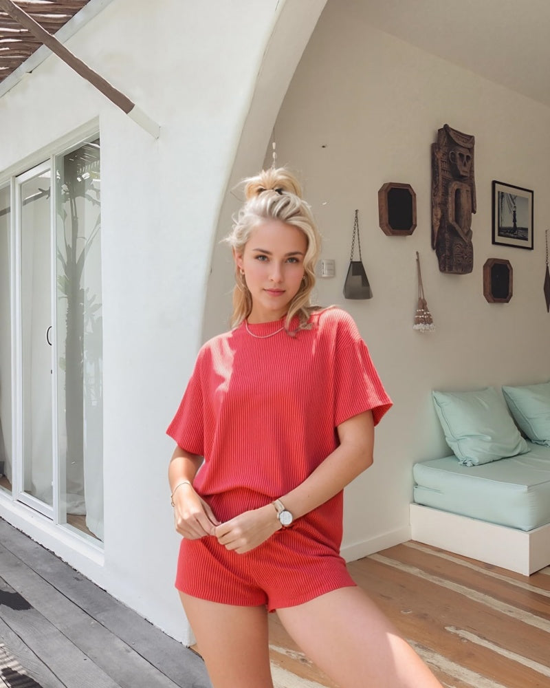 Women Summer Ribbed Knit Tracksuit Lounge Shorts Two Piece Set